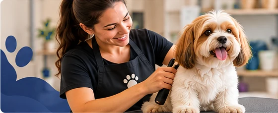 Tosadora sorrindo escovando um cachorro de pelo claro sobre a mesa de atendimento