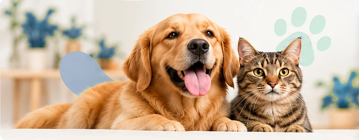 Um cachorro golden retriever e um gato deitados lado a lado